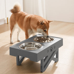 Adjustable raised dog table with bowls